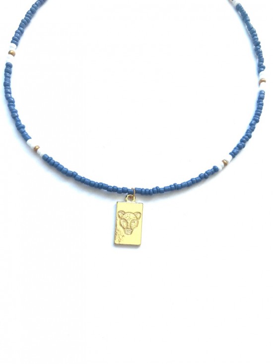 Blue necklace leopard tag