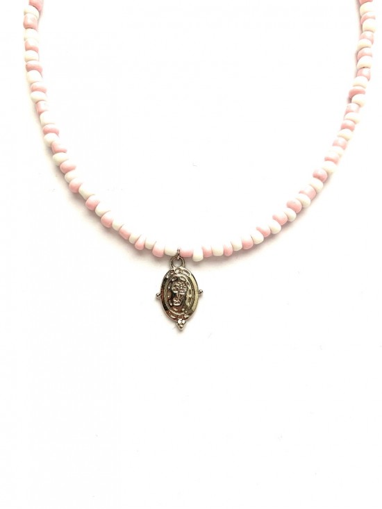 Pink white necklace oval rose