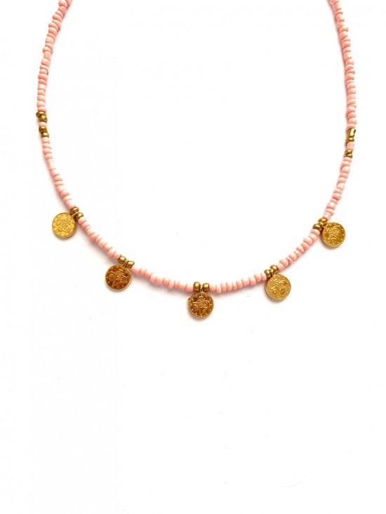 Pink necklace with 5 coins